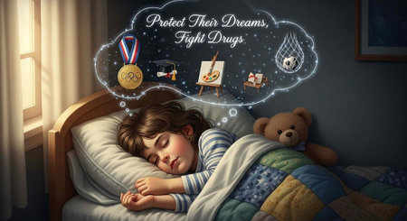 A young child peacefully sleeping in bed with a teddy bear and inspirational thoughts about...