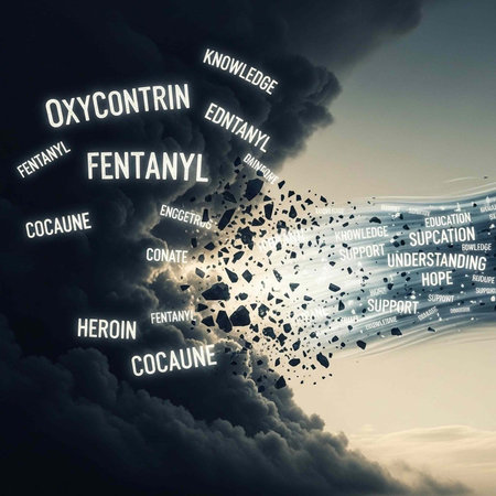 A dramatic image of a dark cloud transforming into a bright sky with words about addiction and...