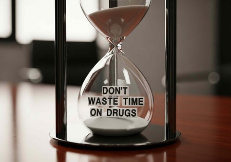 A close-up of an hourglass with a motivational message on it, sitting on a wooden table indoors.