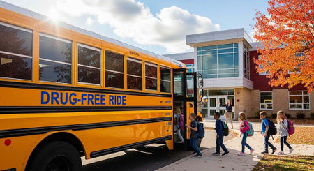 Children boarding a yellow school bus in front of a school building on a sunny day
