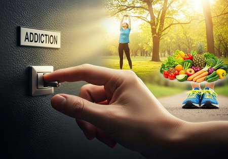 A person overcoming addiction by choosing a healthy lifestyle with fresh vegetables and exercise in...