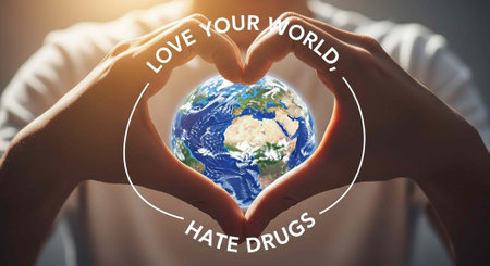 A person holding the Earth in their hands with a heart-shaped gesture and a message about loving the...