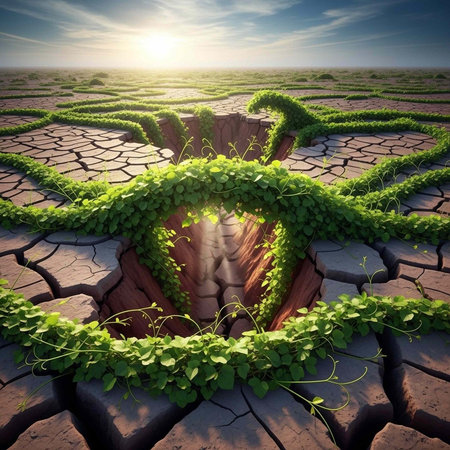 A vibrant green plant grows out of a cracked dry earth landscape with a bright sunny sky