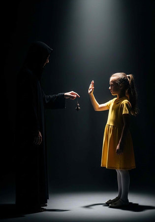 A young girl in a yellow dress receiving something from a person in a dark room with spotlightの写真素材