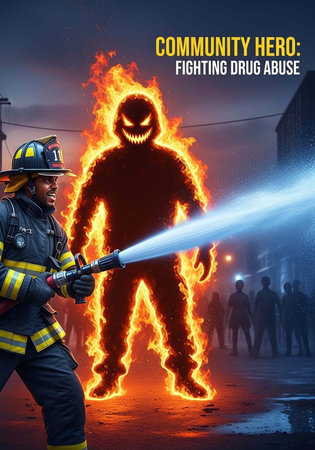 A firefighter in full gear battles a flaming figure representing drug abuse in a dark urban setting