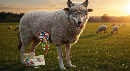 A wolf in sheep's clothing stands in a serene field with a bucket of colorful pills spilling out