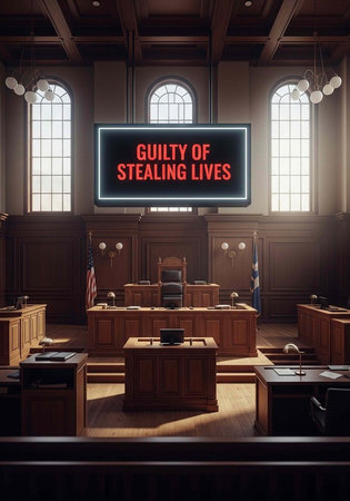 A courtroom with a large screen displaying a guilty verdict in a dramatic and serious atmosphere
