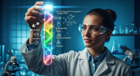 A scientist in a lab coat examining a glowing test tube with colorful liquid and molecular...