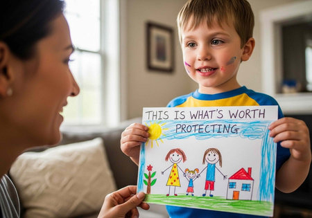 A young boy proudly shows his drawing to a woman in a cozy living room setting.