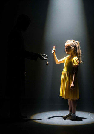 A young girl in a yellow dress stands alone in a dark room with a spotlight shining down on her.