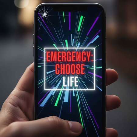 A hand holding a smartphone with an emergency message on the screenの写真素材