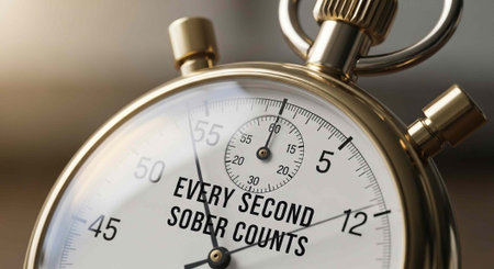 A close-up of a stopwatch with the motivational phrase 'Every Second Sober Counts' on its face