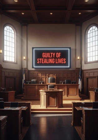 A courtroom with a large screen displaying a guilty verdict for stealing lives in a serious trial settingの写真素材