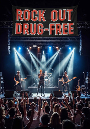 A band performs on stage with a crowd of people in front of them and a Rock Out Drug-Free banner