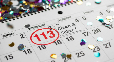 A calendar page marking 113 days of being clean and sober with colorful confetti