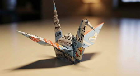 A delicate origami crane made from a newspaper on a smooth surface with a blurred backgroundの写真素材