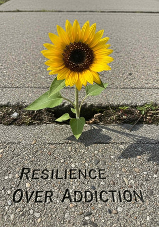 A resilient sunflower grows through a crack in the pavement with a powerful message of overcoming...