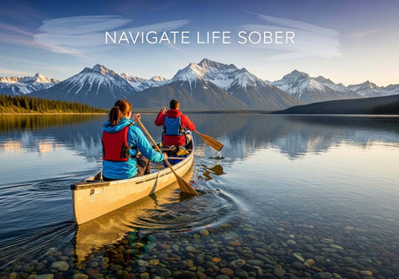 Two people canoeing on a serene lake with snow-capped mountains in the background at sunriseの写真素材