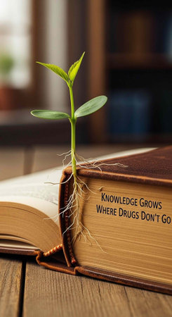 A small green plant grows out of a book with a powerful message on a wooden table indoors