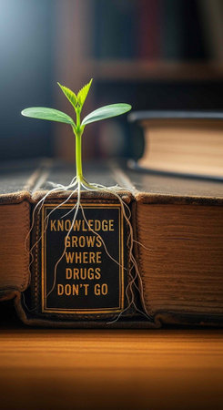 A small green plant grows out of a book with a motivational quote about knowledge and growth.