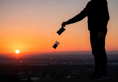 A silhouette of a person throwing papers into the air at sunset overlooking the city