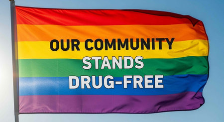 A rainbow flag with a message of community and drug-free living waving in the sky