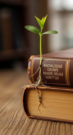 A small green plant grows out of a brown leather book on a wooden table indoors.