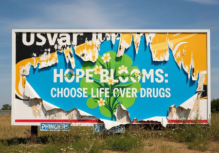 A vibrant billboard with a hopeful message stands against a clear blue sky in a natural landscape.の写真素材