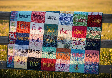A vibrant quilt with inspirational words hangs on a wooden fence in a serene natural setting.