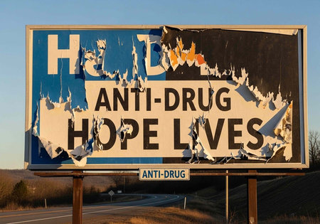 A weathered billboard with an anti-drug message stands along a rural road under a clear blue sky.の写真素材