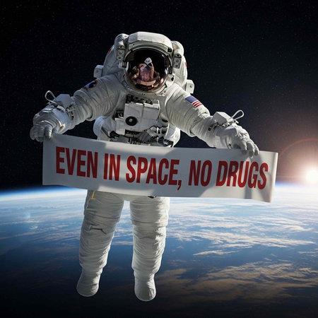 An astronaut in a white spacesuit holds a sign that reads 'EVEN IN SPACE, NO DRUGS' while floating...