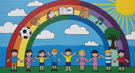 A colorful illustration of children standing under a vibrant rainbow with educational objects and a sunny skyの写真素材