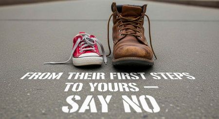 A small red child's shoe and a large brown adult shoe on a gray surface with a bold message