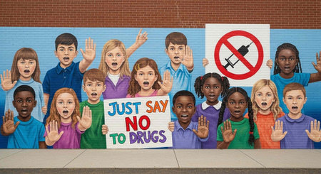 A group of diverse children holding anti-drug signs and waving their hands in a powerful messageの写真素材
