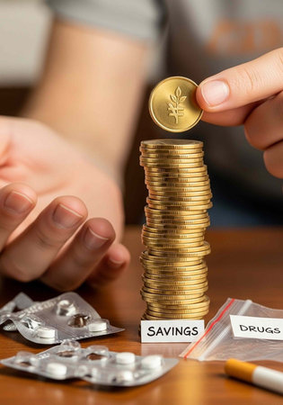 A person saving money for drug addiction recovery with a stack of coins and pills on a table