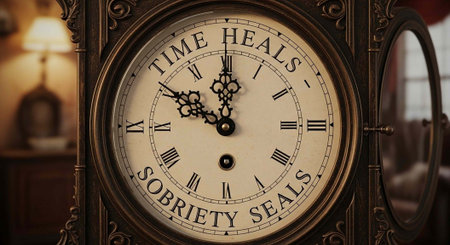 A close-up of an antique clock with a sobriety message in a dimly lit room with a lamp