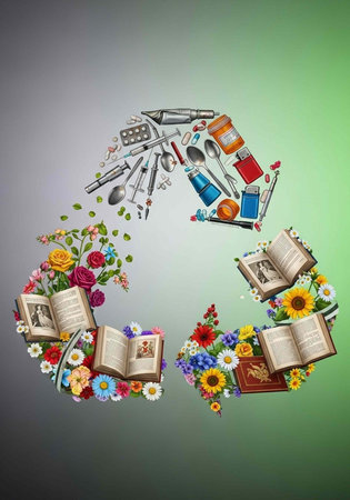 A creative illustration of the recycling symbol made from eco-friendly items and flowersの写真素材