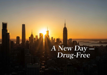 A serene cityscape at sunrise with a hopeful message about a drug-free new day