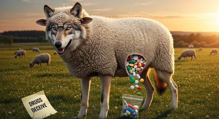 A wolf in sheep's clothing stands in a field with a sign that reads 'drugs deceive' at sunset