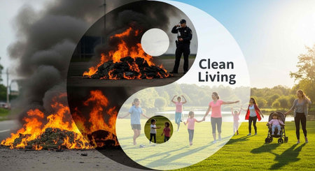 A contrasting image of a burning pile and a happy family in a park representing clean living