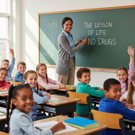 A smiling teacher stands in front of a classroom of happy students and a chalkboard with a lesson...