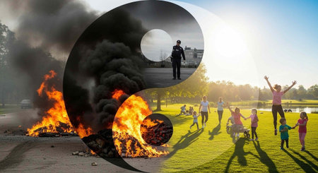 A dramatic contrast of chaos and harmony with a burning fire and a joyful family in a park