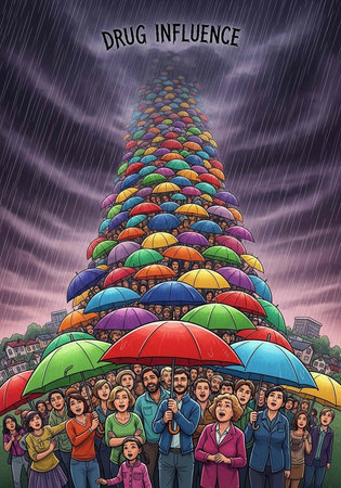 A crowd of people holding colorful umbrellas under a rainy sky with a dark and moody atmosphereの写真素材