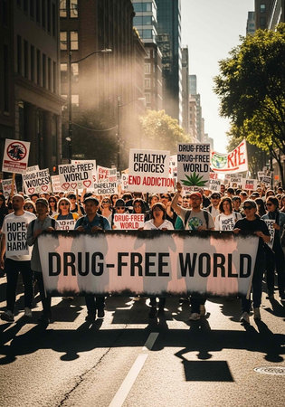 A large crowd of people marching down a city street with a drug-free world banner and signs