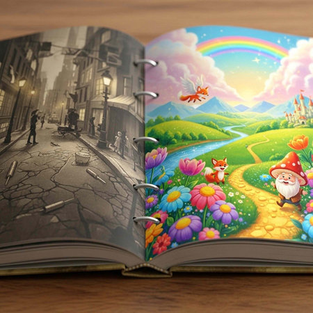 An open book with a vibrant illustration of a fantasy landscape and a grayscale cityscape