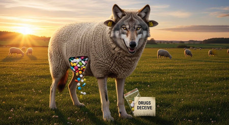 A wolf in sheep's clothing stands in a field with a sign that reads 'drugs deceive' at sunset