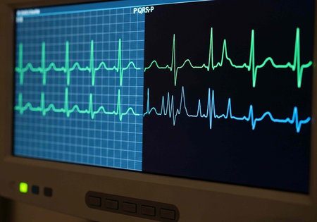 A medical monitor displays a heart rate ECG on a screen in a hospital setting for patient careの写真素材