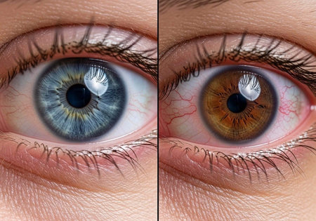 A close-up comparison of a blue eye and a brown eye side by side