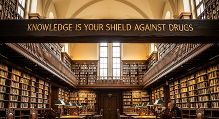 A large, well-lit library with a high ceiling and many books on shelves, promoting knowledge and...