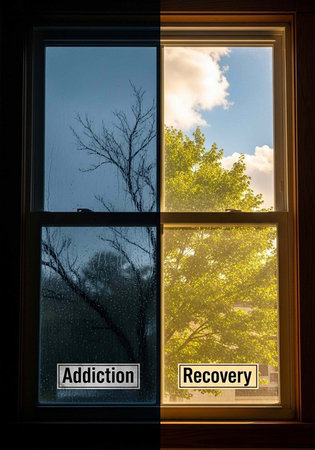 A split window contrasting addiction and recovery with dark and light views